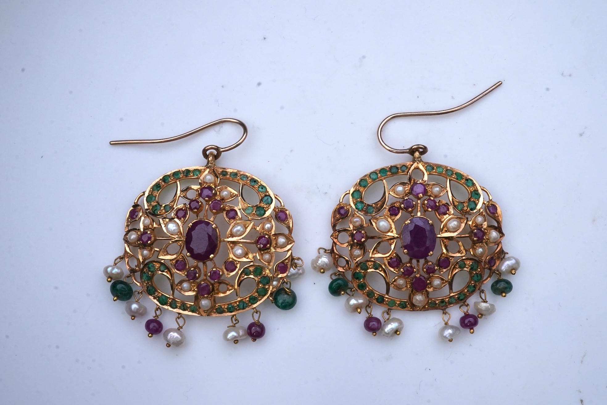 A pair of gem-set and seed pearl earrings, India